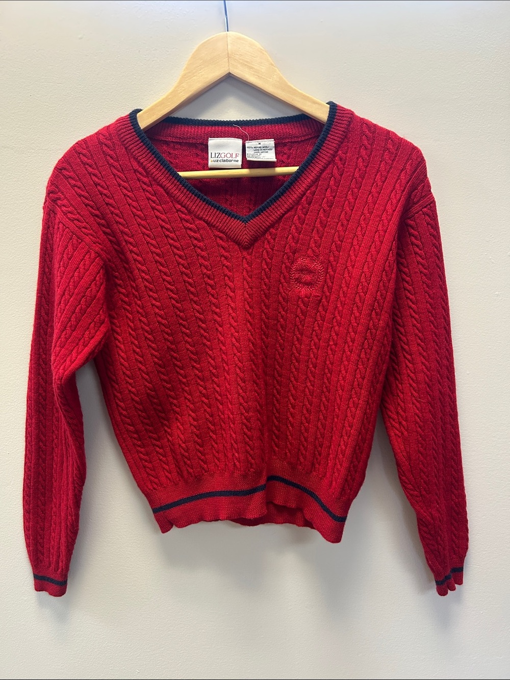 Vintage Liz Claiborne LizGolf Red Cable Knit V-Neck Wool Sweater
